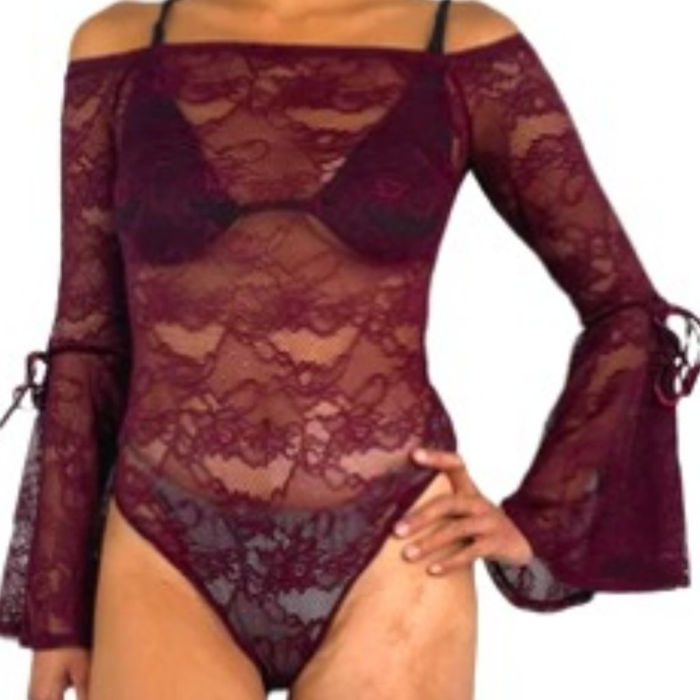 Bebe Women's Red Long-Sleeve Lace Bodysuit Top